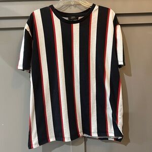 Bershka Men’s Vertical Strips Red White Navy Relaxed Short Sleeve Tee XL